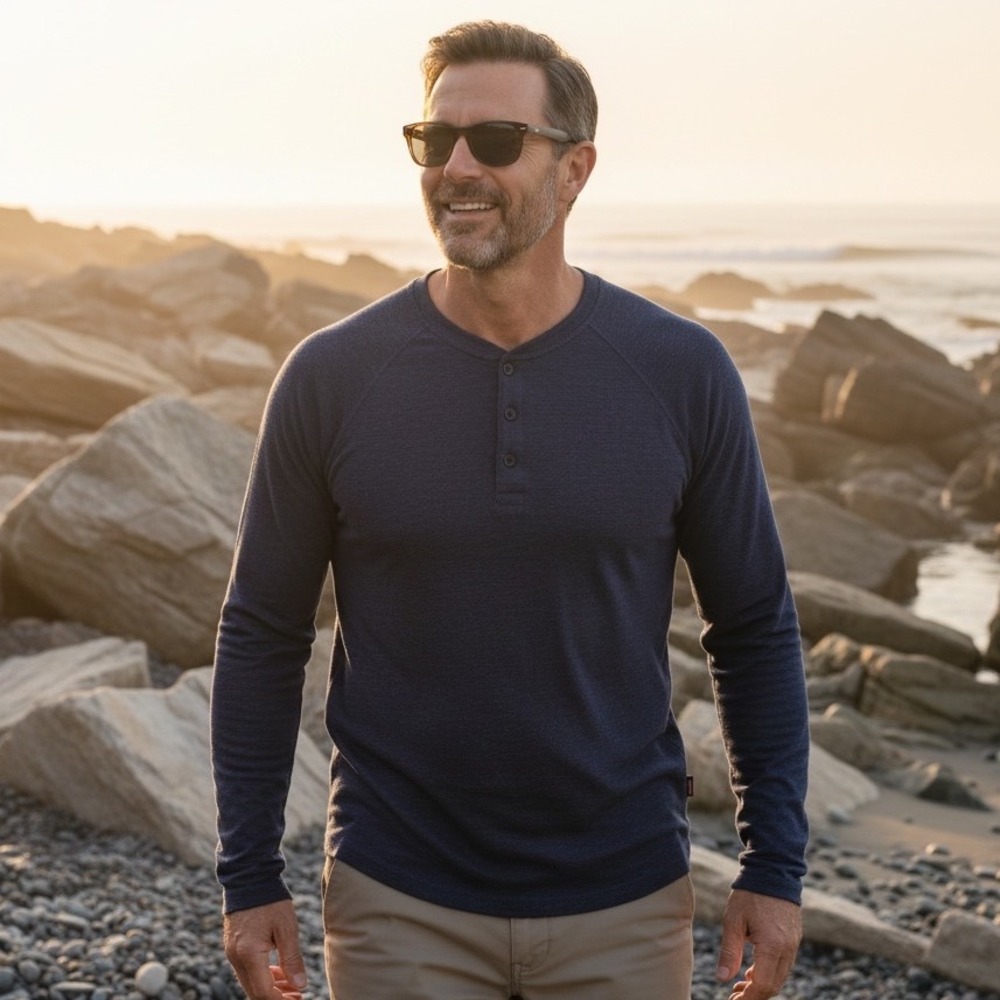 Faherty Cloud Cotton Henley Navy Heather Raglan Long Sleeve Shirt MKC0077-NVH M
